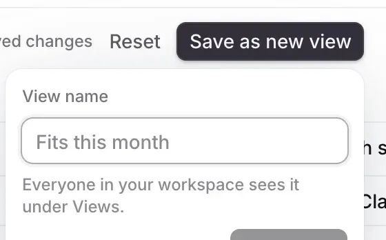 Save as new view open: View name with Fits this month as the example, and Everyone in your workspace sees it under Views.