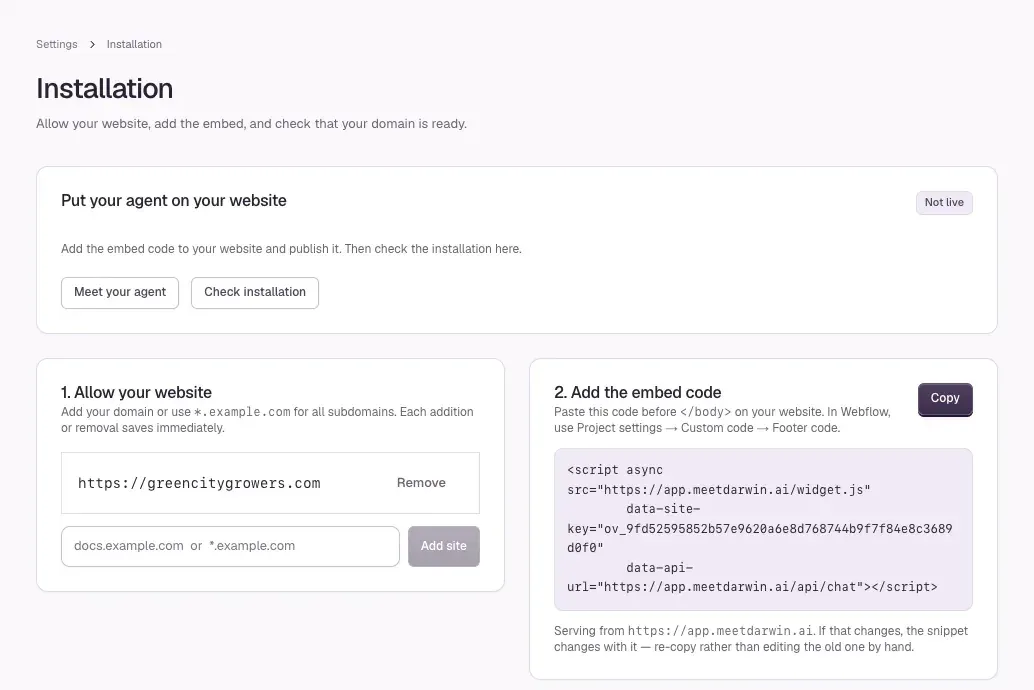 Darwin's Installation screen with an allowed website, the embed code and its Copy button, and a Check installation button for after you publish