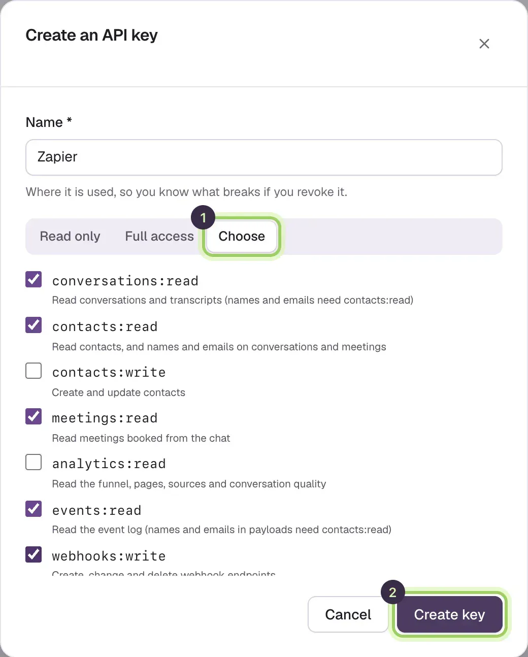 The Create an API key dialog named Zapier, with Choose marked 1, the Zapier scopes ticked, and Create key marked 2.
