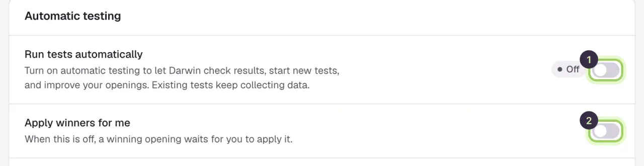 The Automatic testing section: Run tests automatically, with an Off badge and its switch marked 1, and Apply winners for me with its switch marked 2.