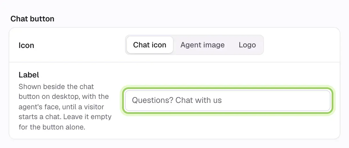The Chat button section: Icon with Chat icon, Agent image and Logo options, and the Label field highlighted.