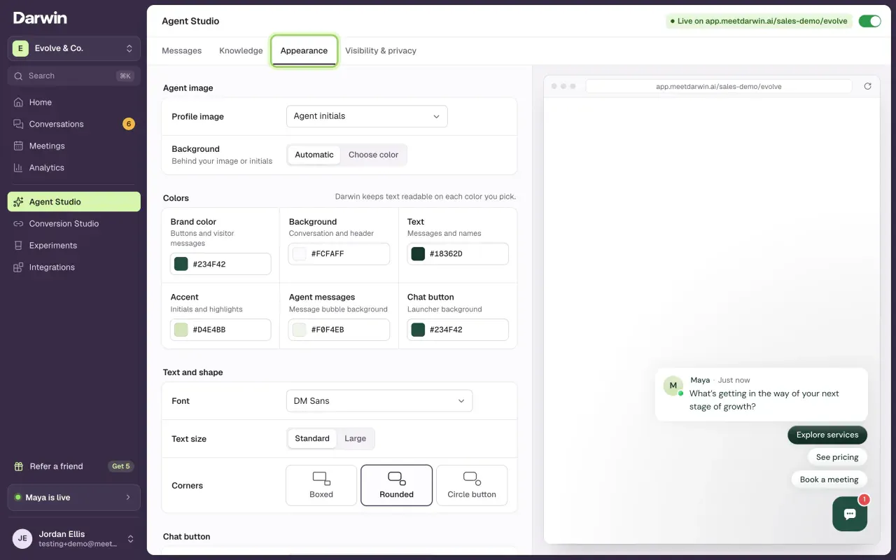Agent Studio with the Appearance tab selected: colors, type, launcher and the preview.