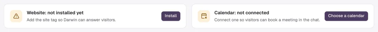 The status cards at the top of Integrations: Website, not installed yet, with Install; Calendar, not connected, with Choose a calendar.