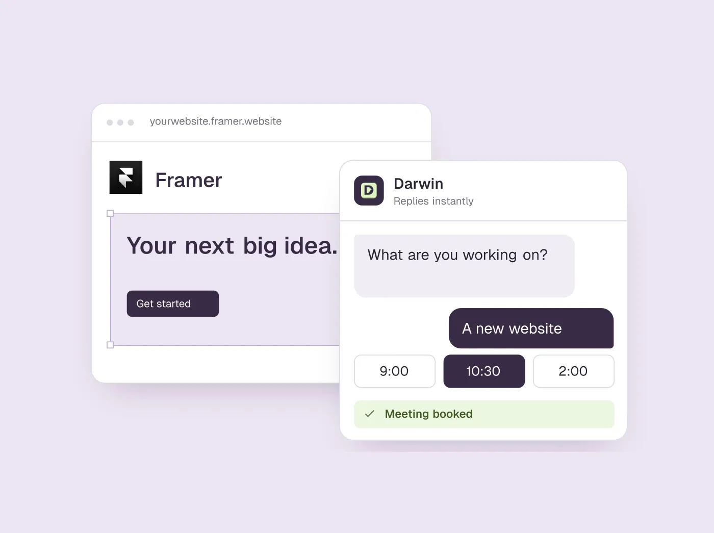 A Framer website canvas with selection handles and an overlaid Darwin chat.