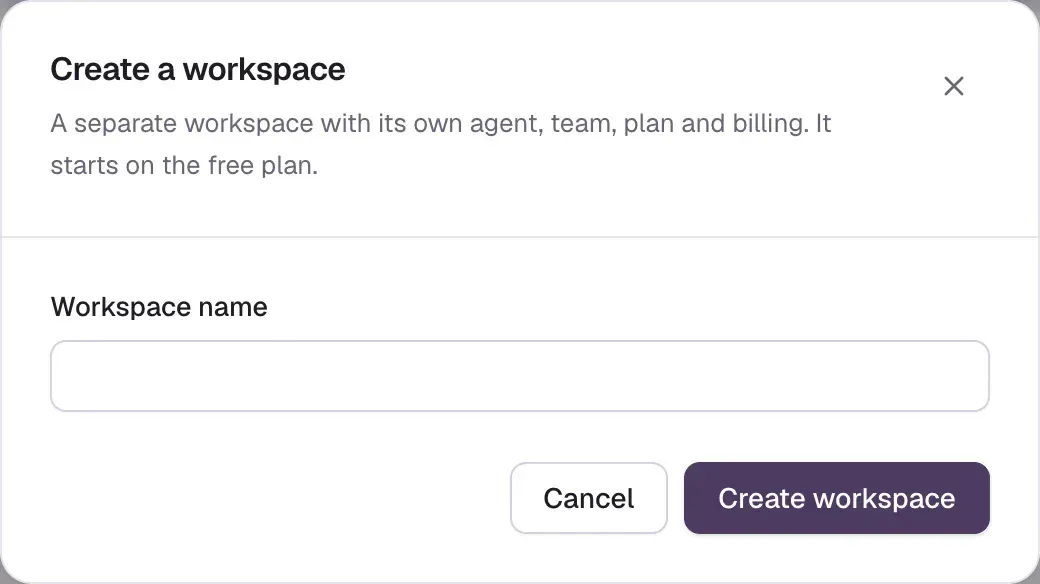 The Create a workspace dialog: a Workspace name field with Cancel and Create workspace buttons.