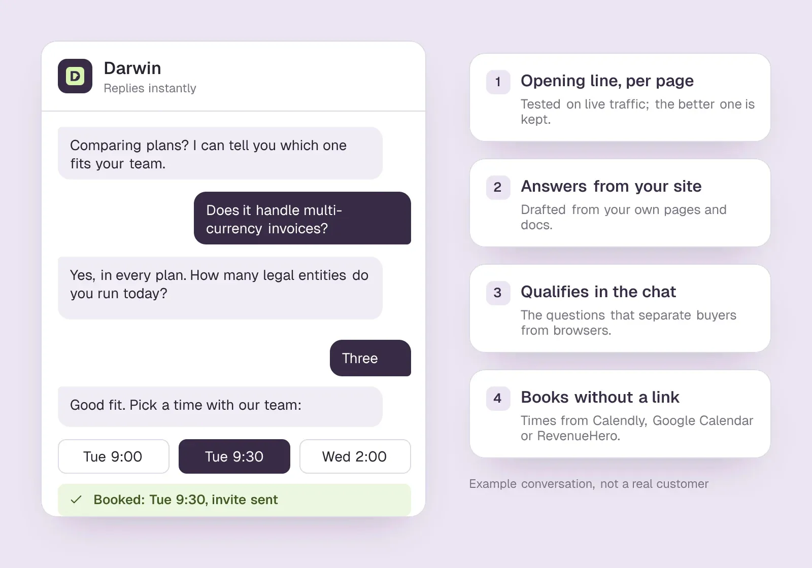 Example Darwin chat on a pricing page: a tested opening line, an answer from the site, one qualifying question and three times offered, with the meeting booked inside the chat