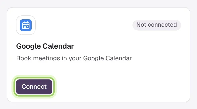 The Google Calendar card on the Integrations screen with its Connect button highlighted.
