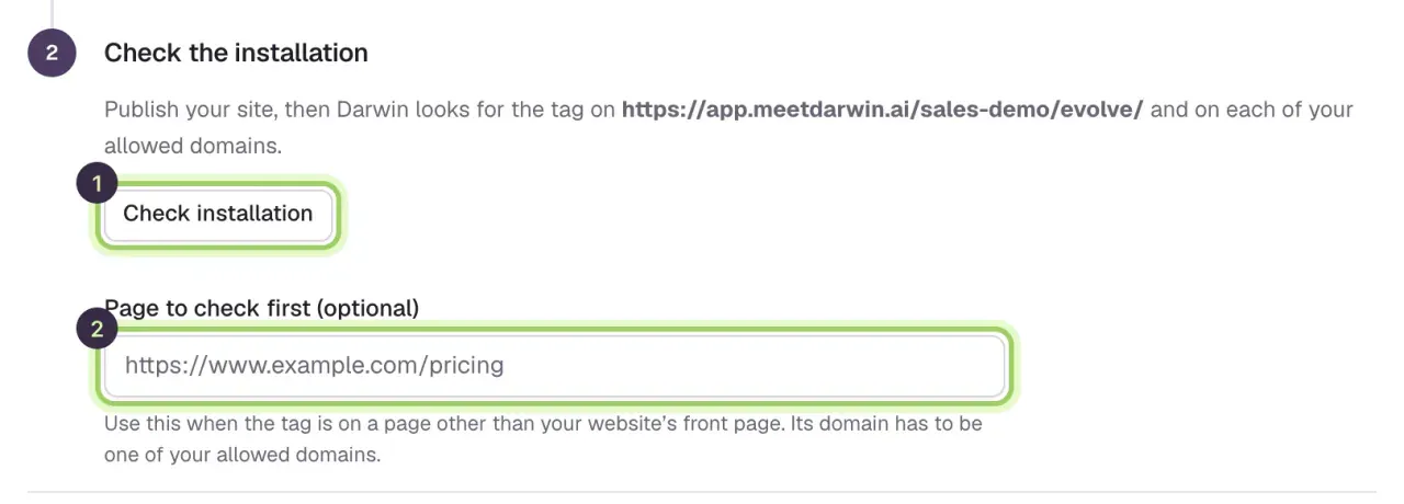 Check the installation: the Check installation button marked 1 and the Page to check first field marked 2.