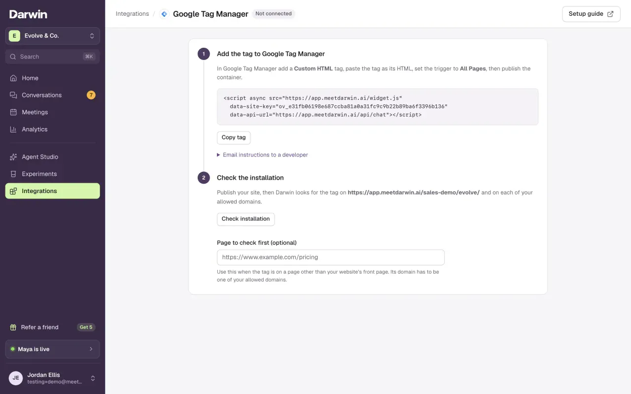 The Google Tag Manager setup page with step 1 Add the tag to Google Tag Manager, showing the site tag and a Copy tag button, and step 2 Check the installation.