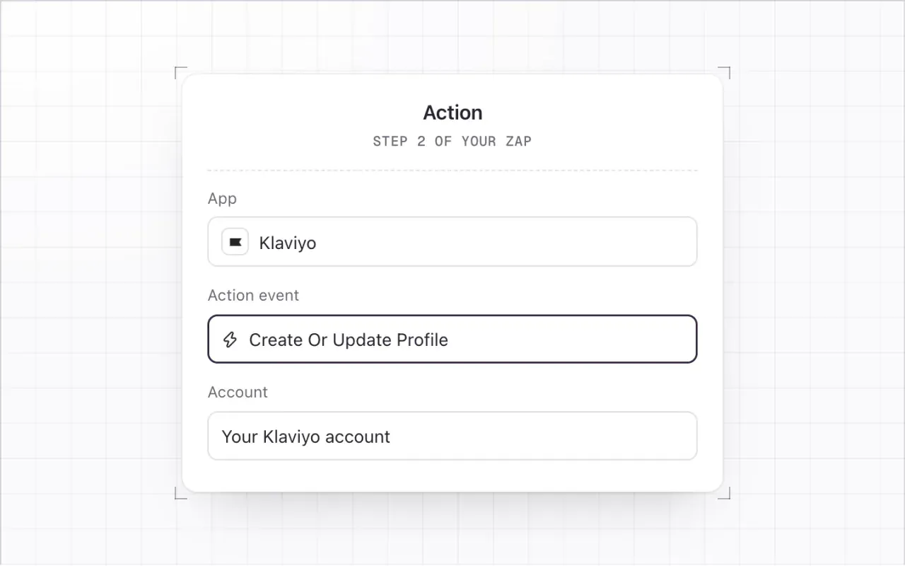 The Zap action: app Klaviyo and action event Create Or Update Profile highlighted, with your Klaviyo account.