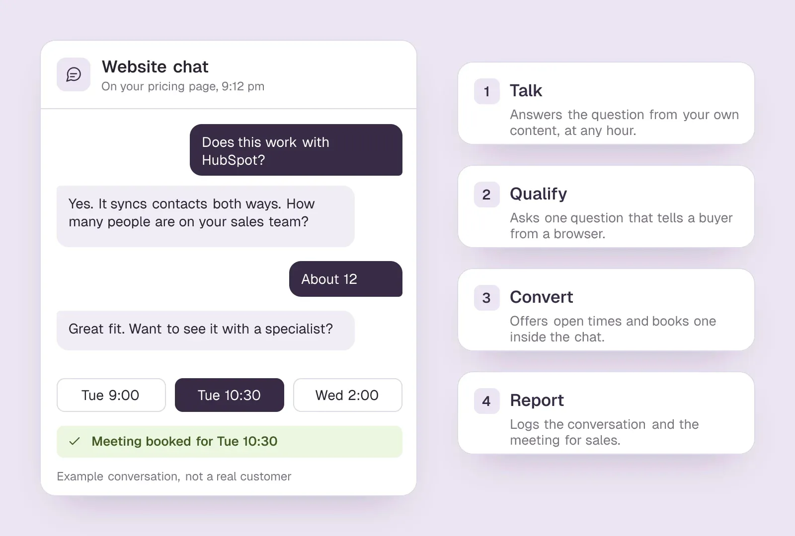 Example website chat on a pricing page that answers a HubSpot question, asks team size, offers three times and books a meeting, labelled talk, qualify, convert and report