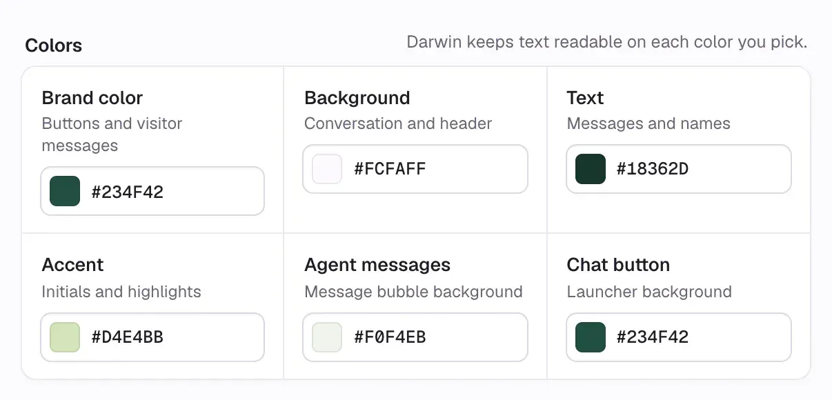 The Colors section: Brand color, Background, Text, Accent, Agent messages and Chat button, each with a swatch and hex value.