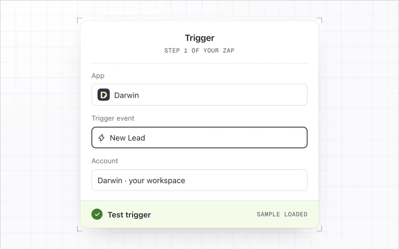 The Zap trigger: app Darwin, trigger event New Lead highlighted, account Darwin, your workspace, and Test trigger with a sample loaded.