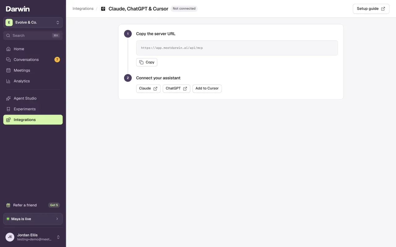 The Claude, ChatGPT & Cursor setup page with step 1 Copy the server URL and step 2 Connect your assistant, with Claude, ChatGPT and Add to Cursor buttons.