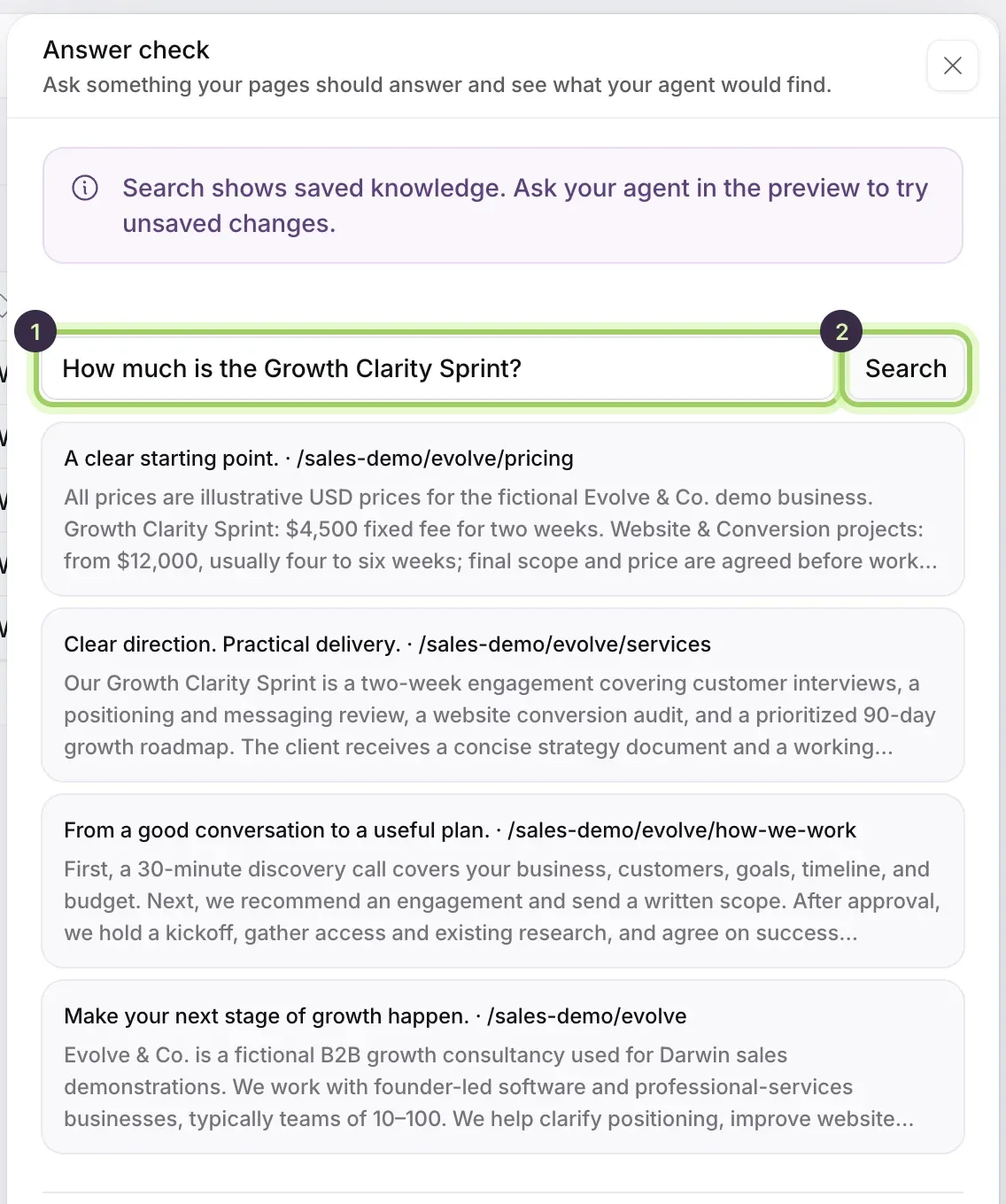 The Answer check panel: the question How much is the Growth Clarity Sprint? marked 1, Search marked 2, and four results, starting with the pricing page.