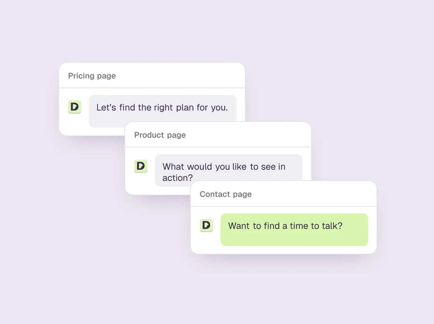Overlapping pricing, product and contact page cards with a different chat opening for each.