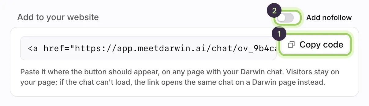 Add to your website: the button's code with Copy code marked 1 and the Add nofollow switch marked 2.