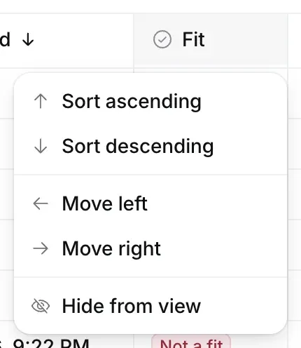 A column's menu: Sort ascending, Sort descending, Move left, Move right and Hide from view.