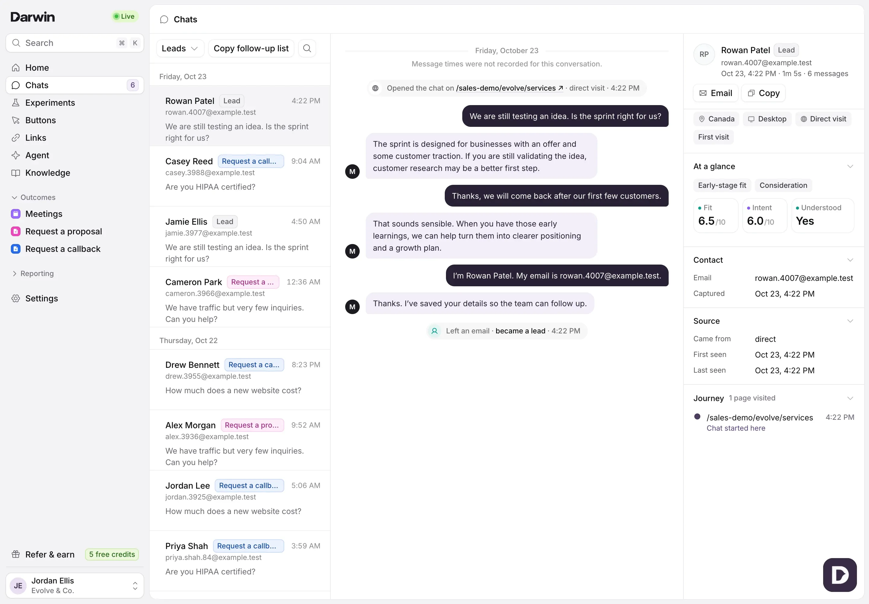 Chats with the Leads view: leads who haven’t booked, newest first, with Copy follow-up list at the top of the list and the open chat on the right.