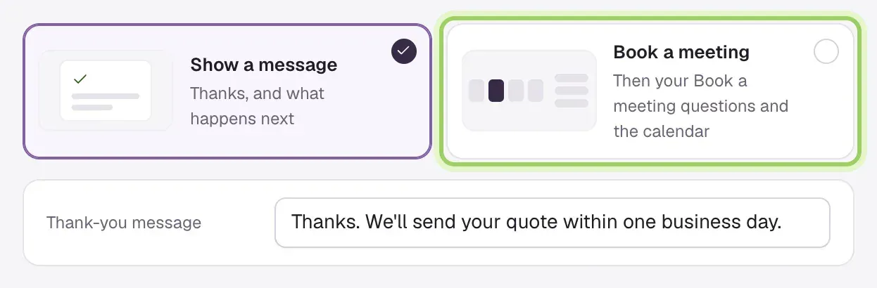 After the form: Show a message selected, Book a meeting marked, and the Thank-you message field.