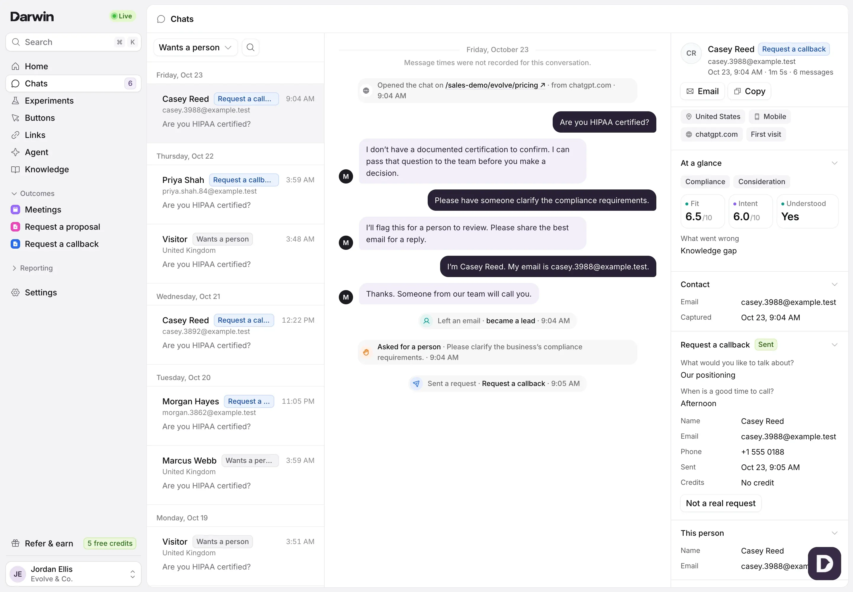 Chats with the Wants a person view: the chats where visitors asked for someone on the team, with the open chat and the visitor’s details.