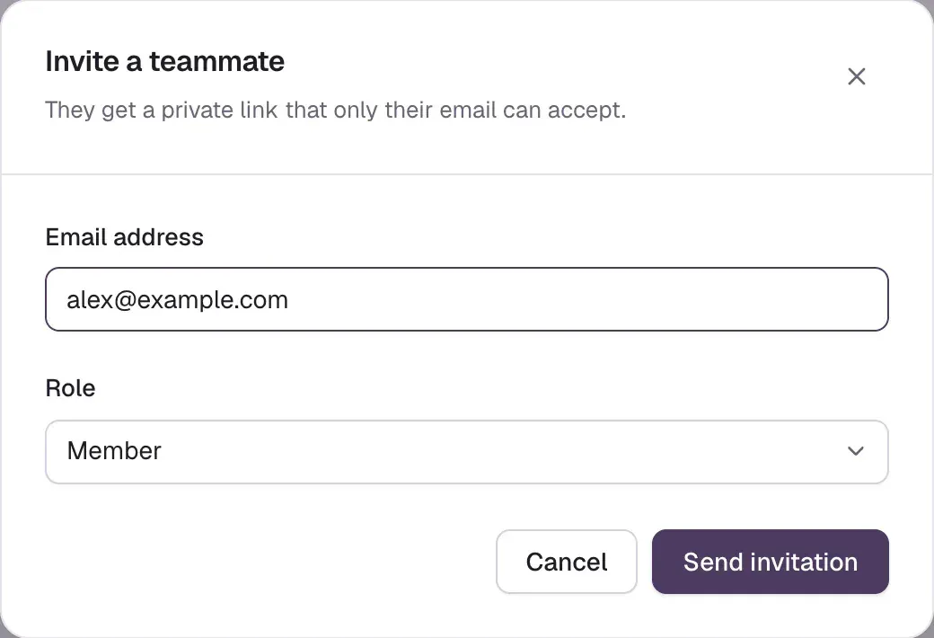 The Invite a teammate dialog with an Email address field, a Role menu set to Member, and Cancel and Send invitation buttons.
