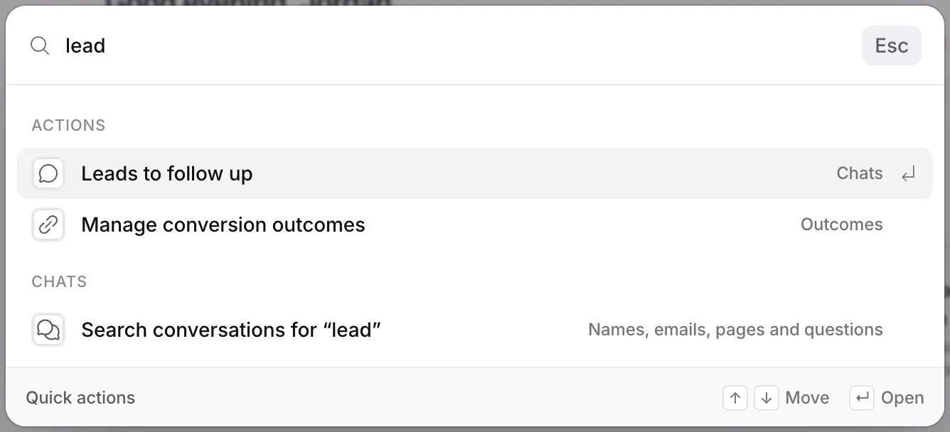 Search with lead typed: Actions with Leads to follow up and Manage conversion outcomes, and Chats with Search conversations for “lead” highlighted.