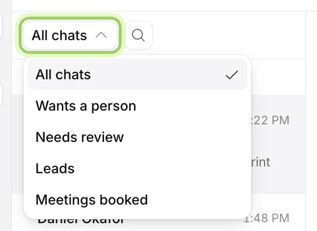 The view menu open over the list: All chats, Wants a person, Needs review, Leads and Meetings booked.