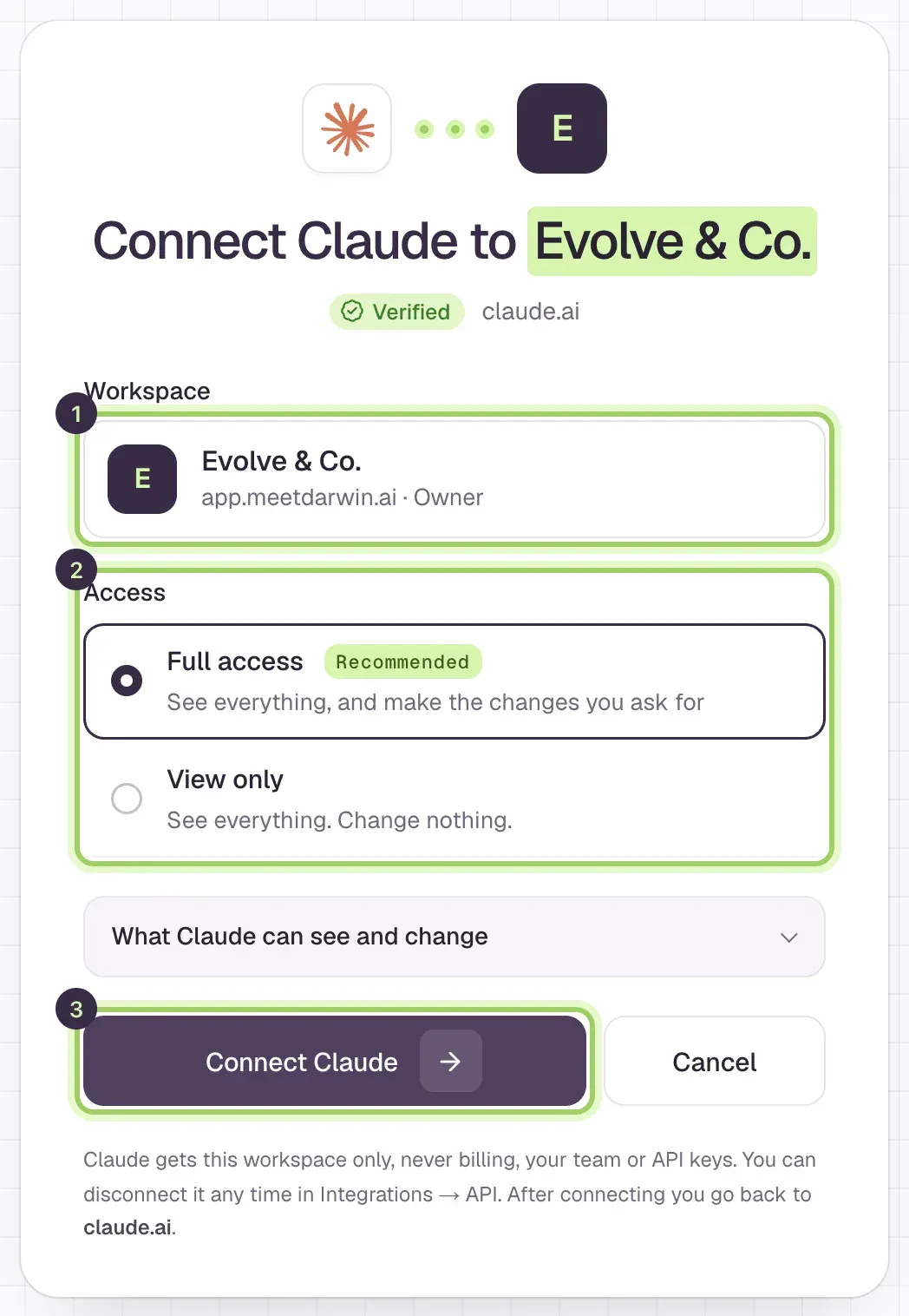 Darwin's connect screen: the Workspace marked 1, Full access and View only marked 2, and the Connect button marked 3.