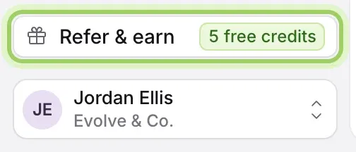 The Refer & earn row at the bottom of the sidebar, with a 5 free credits chip, highlighted above the user's name.