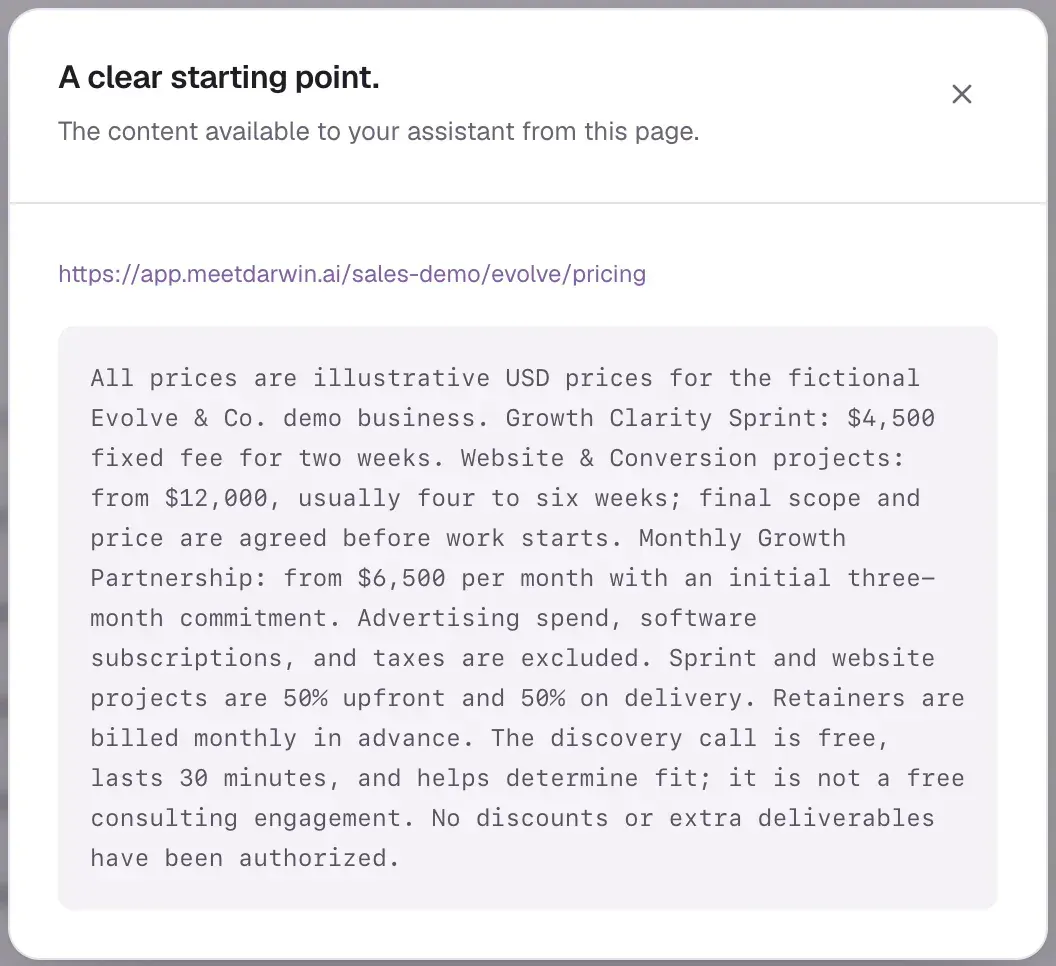A dialog titled A clear starting point, showing the text the assistant has from the pricing page.