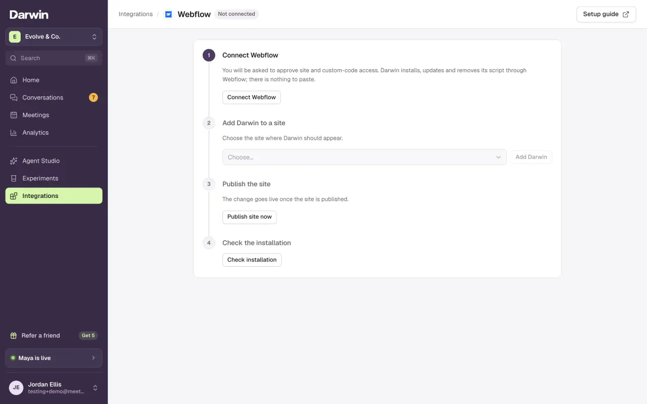 The Webflow setup page with four steps: Connect Webflow, Add Darwin to a site, Publish the site and Check the installation.