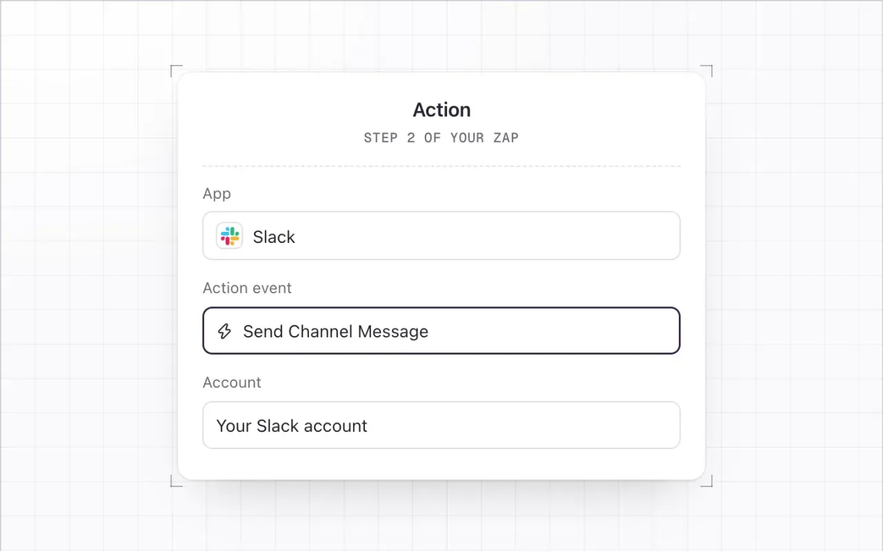 The Zap action: app Slack and action event Send Channel Message highlighted, with your Slack account.