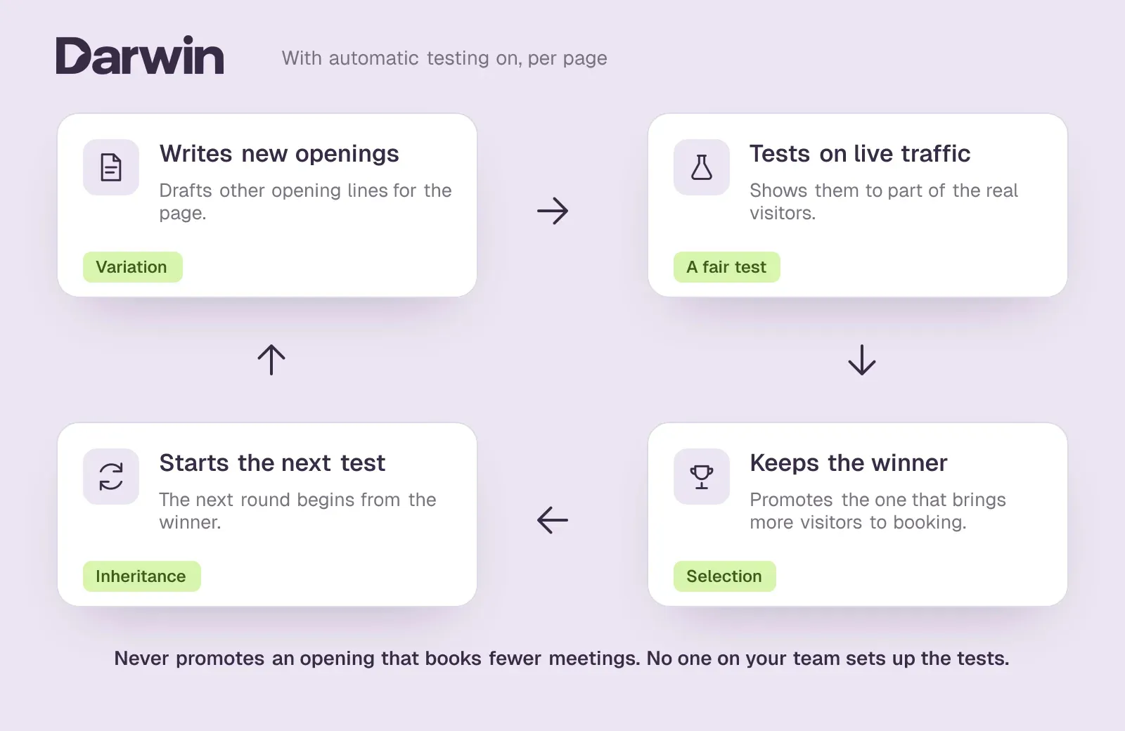 Darwin's testing loop as four cards: writes new openings, tests them on live traffic, keeps the winner, starts the next test, labelled variation, fair test, selection, inheritance
