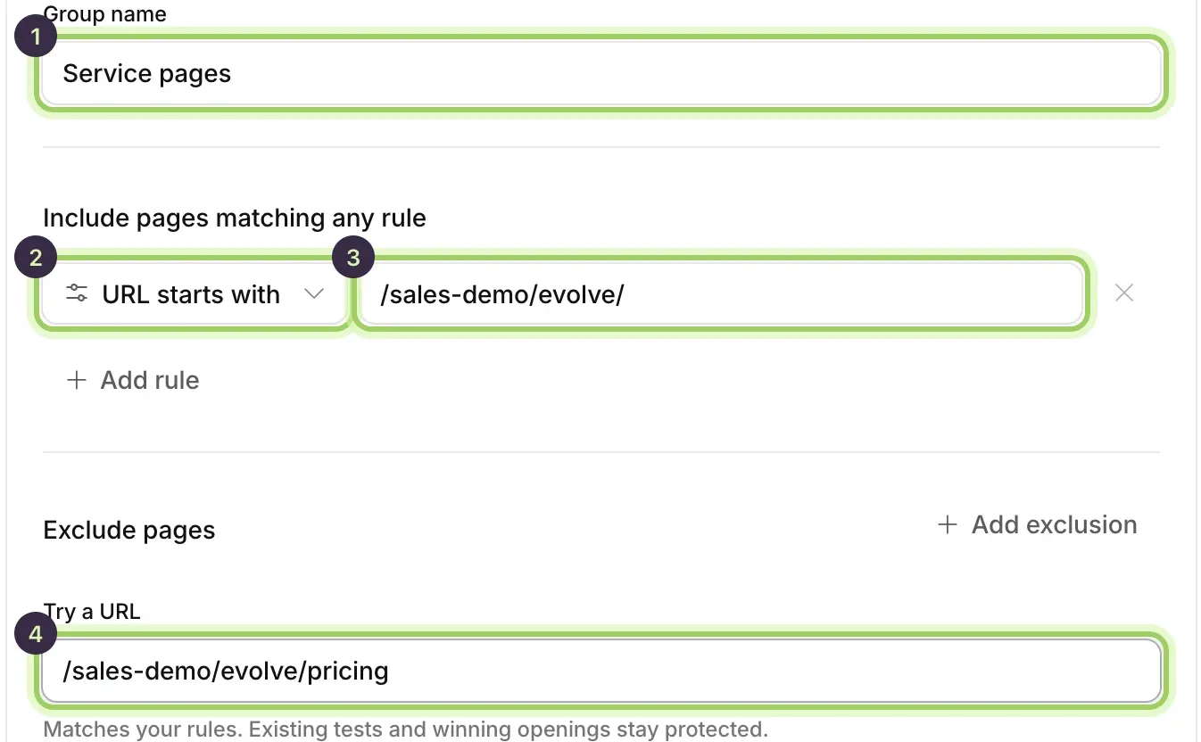 The group’s rules: Group name marked 1, URL starts with marked 2, /sales-demo/evolve/ marked 3, and Try a URL marked 4 reading Matches your rules.