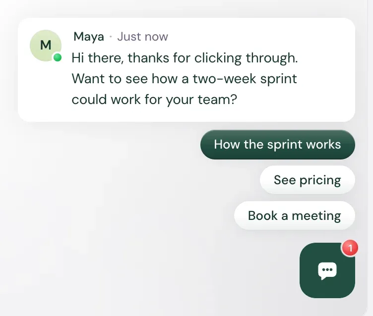 The same greeting with no details: Hi there, thanks for clicking through. Want to see how a two-week sprint could work for your team?