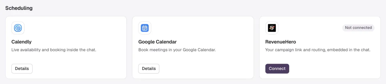 The Scheduling section of Integrations with cards for Calendly, Google Calendar and RevenueHero.