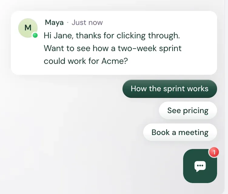 The chat on the website greeting Jane: Hi Jane, thanks for clicking through. Want to see how a two-week sprint could work for Acme?, with the reply buttons How the sprint works, See pricing and Book a meeting above the launcher.